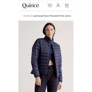 $90 QUINCE Lightweight Goose Down Feathers Packable Puffer Jacket Blue Large